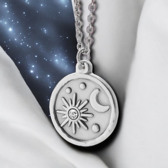 🆕️Celestial Sun & Moon Necklace 18K White Gold Plated Stainless Steel Medallion - Picture 12 of 12
